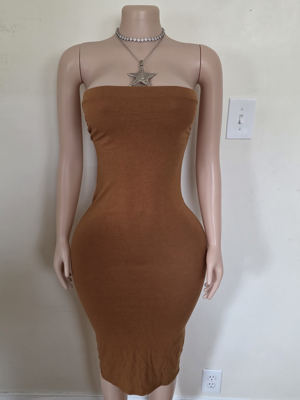 Strapless Bodycon Midi Dress - Brown